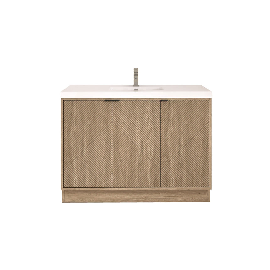 Bathroom vanity with wooden cabinets and decorative elements