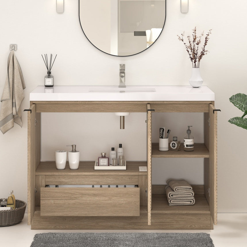 Bathroom vanity with wooden cabinets and decorative elements