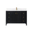 Black bathroom vanity with white countertop and gold fixtures on a white background