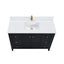 Black bathroom vanity with white countertop and gold fixtures on a white background