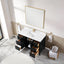 Bathroom vanity with white sink, open drawers, and a large mirror above it.