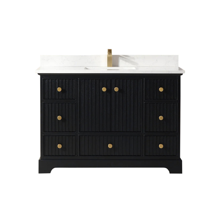 Bathroom vanity with wooden cabinet and white countertop in a bathroom setting.