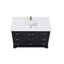 Black bathroom vanity with white countertop and gold fixtures on a white background