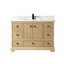 Beige bathroom vanity with white countertop and black fixtures on a white background