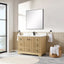 Bathroom with beige vanity, mirror, and decorative elements