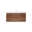 Wooden bathroom vanity with white countertop on a white background