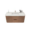Bathroom vanity with white countertop and wooden base on a white background