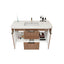 Bathroom vanity with sink, toiletries, and open cabinet on a white background