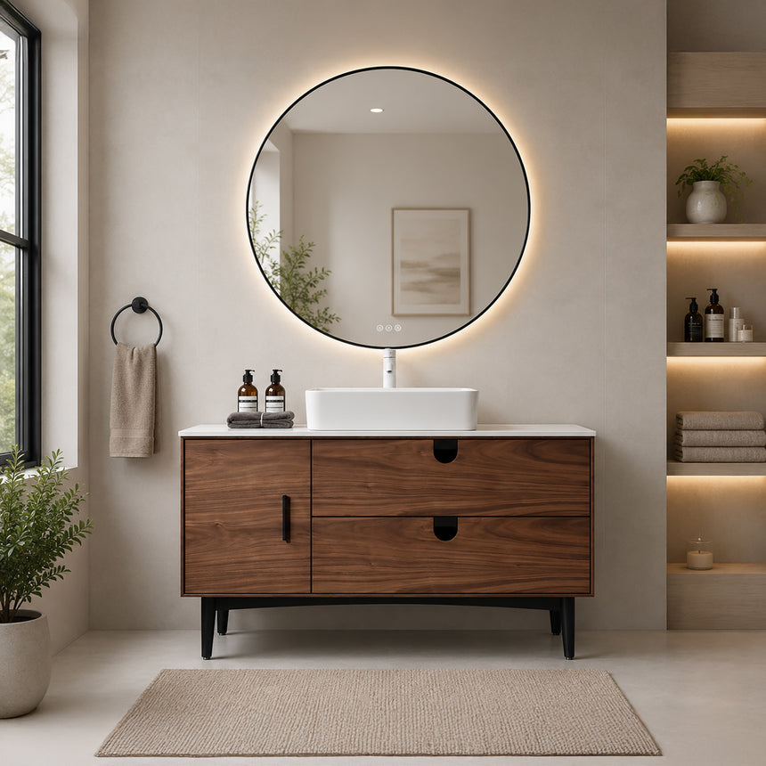 Bathroom vanity with two sinks, mirrors, and decorative elements.