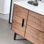 Wooden cabinet with a white countertop in a bathroom setting