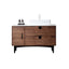 Wooden bathroom vanity with white countertop and sink on a white background