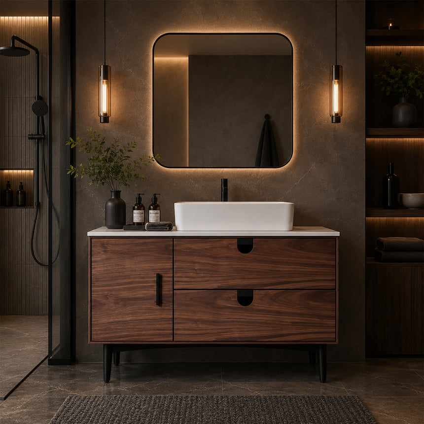 Bathroom vanity with two sinks, mirrors, and decorative elements.