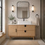 Bathroom with wooden vanity, mirror, and towel