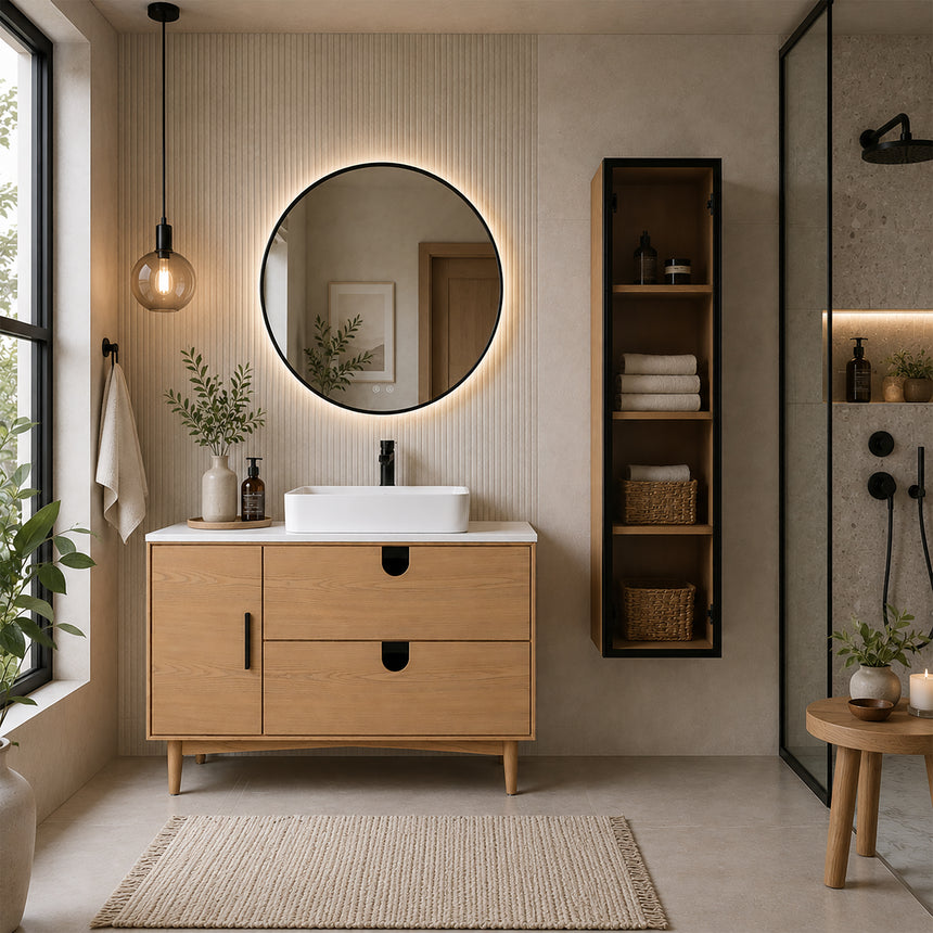 Bathroom vanity with two sinks, mirrors, and decorative elements.