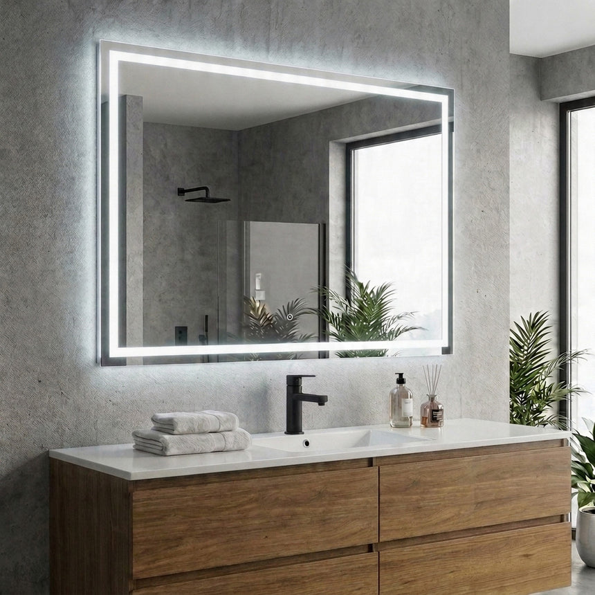 Bathroom mirror with LED lighting on a concrete wall.