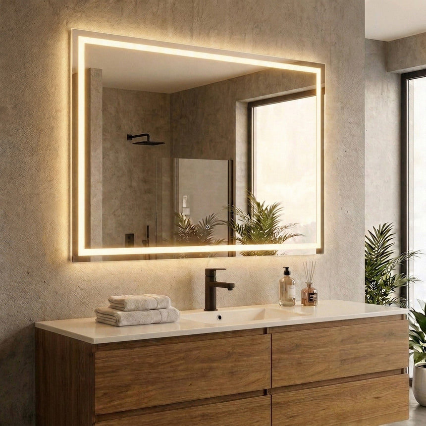 Bathroom mirror with LED lighting on a concrete wall.
