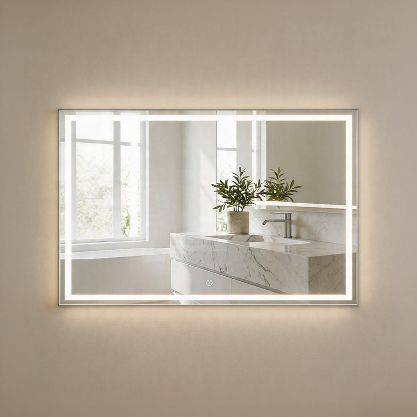 Bathroom mirror with LED lighting on a concrete wall.