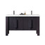 Bathroom vanity with black cabinets and white countertop on a white background