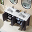 Bathroom vanity with double sink and open cabinet doors, featuring toiletries.