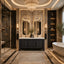 Luxurious bathroom with marble walls, a chandelier, and a freestanding bathtub.