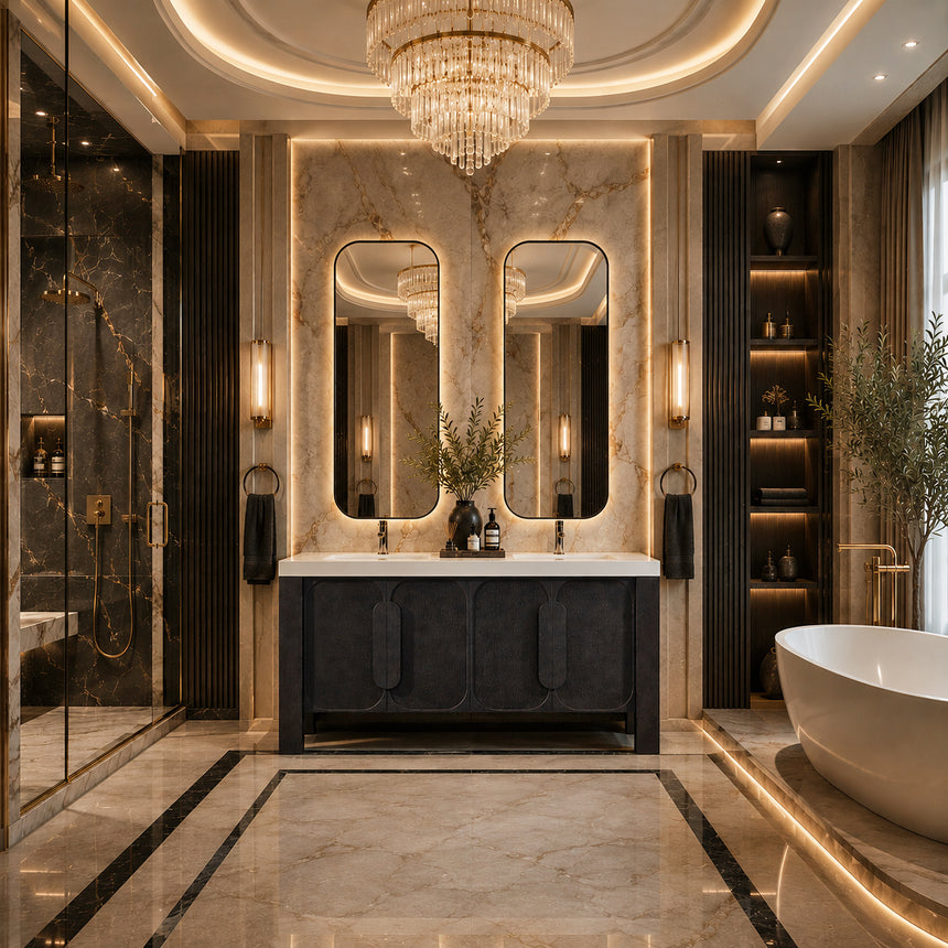 Bathroom with wooden vanity, white countertop, and decorative elements.