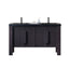 Bathroom vanity with black countertop and dark wood cabinets on a white background