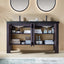 Bathroom vanity with open doors displaying toiletries and towels against a beige wall.