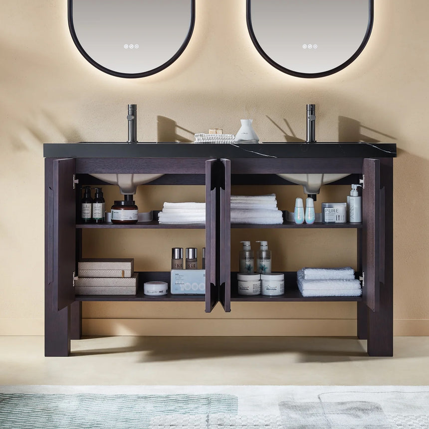 Bathroom with wooden vanity, white countertop, and decorative elements.