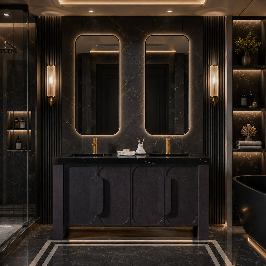 Bathroom with wooden vanity, white countertop, and decorative elements.