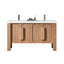 Wooden bathroom vanity with white countertop on a white background