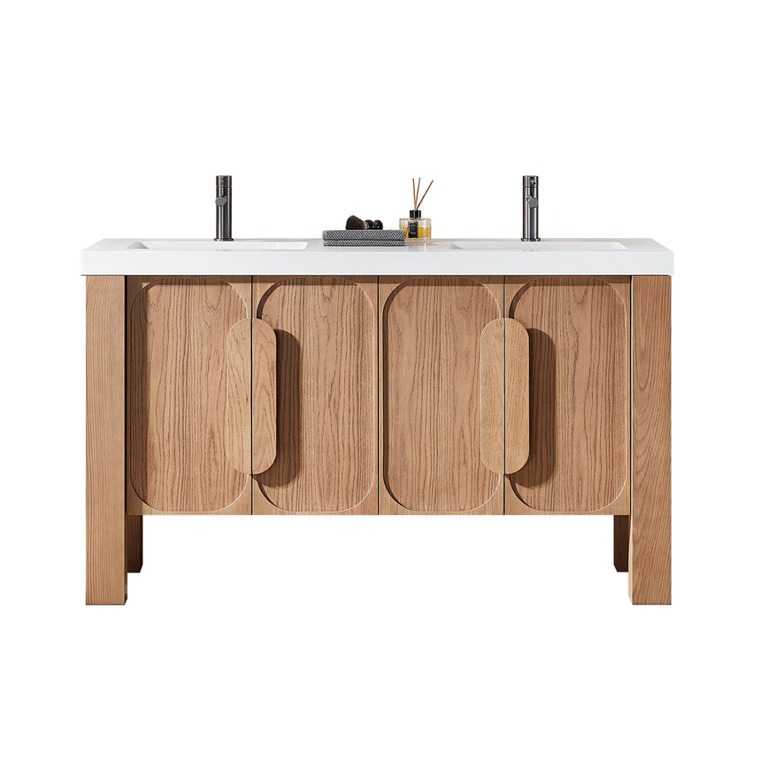 Bathroom with wooden vanity, white countertop, and decorative elements.