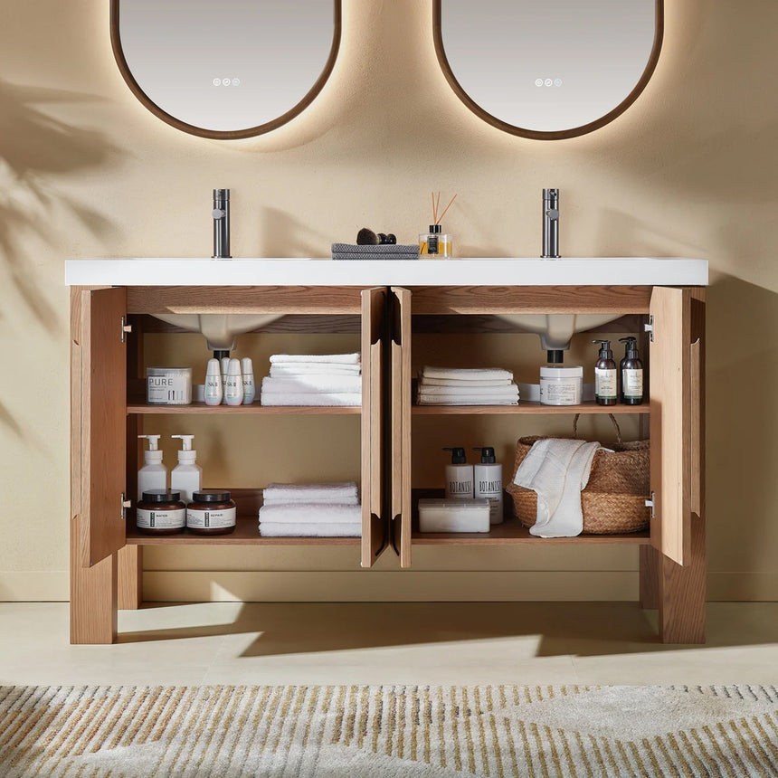 Bathroom with wooden vanity, white countertop, and decorative elements.