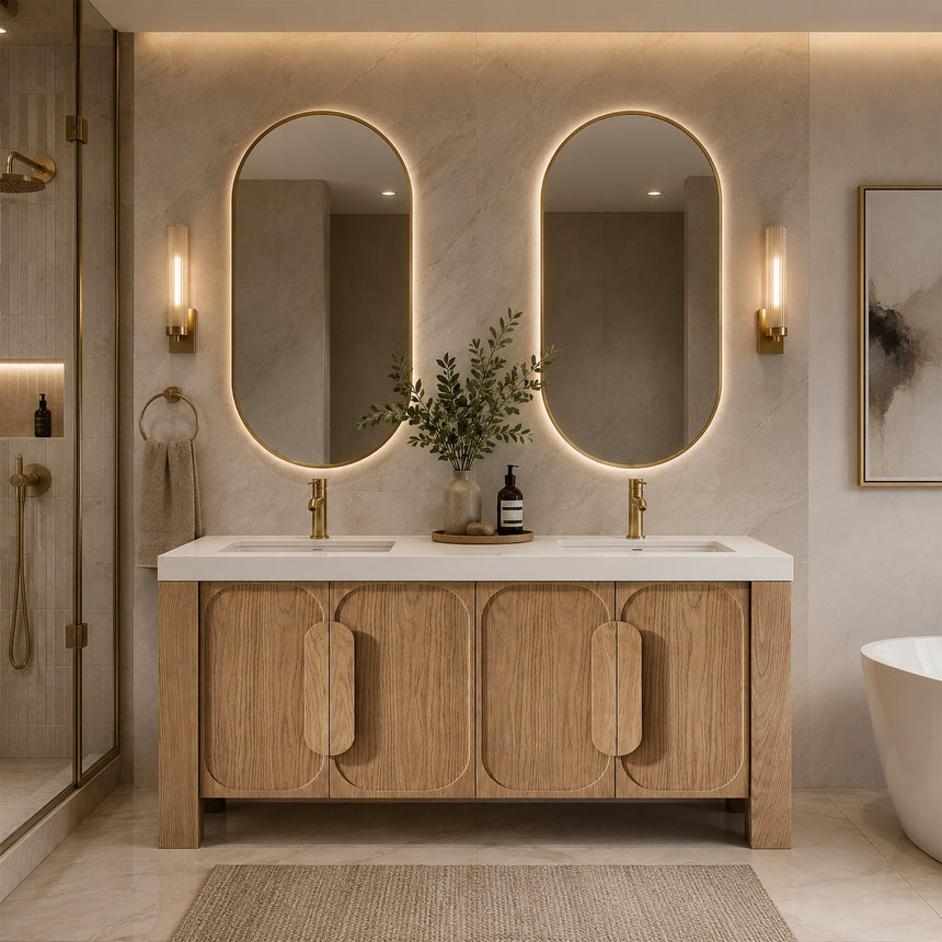 Bathroom with wooden vanity, white countertop, and decorative elements.