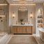 Luxurious bathroom with wooden vanity, large mirror, and decorative elements.