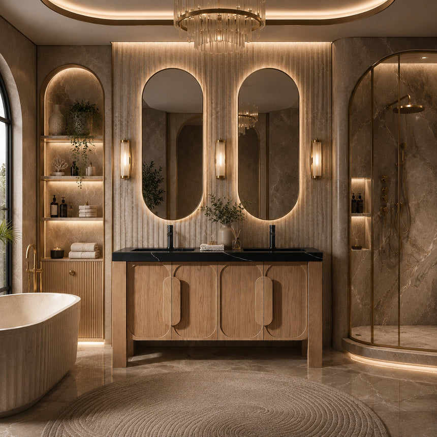 Bathroom with wooden vanity, white countertop, and decorative elements.