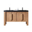 Wooden bathroom vanity with black countertop on a white background