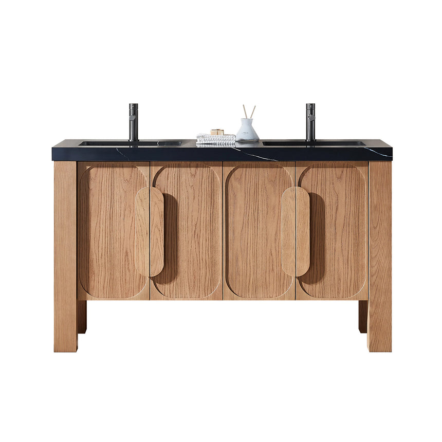 Bathroom with wooden vanity, white countertop, and decorative elements.