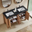 Bathroom vanity with double sink, open cabinet doors, and various items on a beige floor.