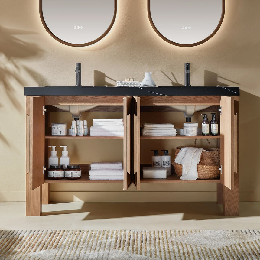 Bathroom with wooden vanity, white countertop, and decorative elements.