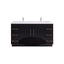 Black bathroom vanity with gold handles on a white background