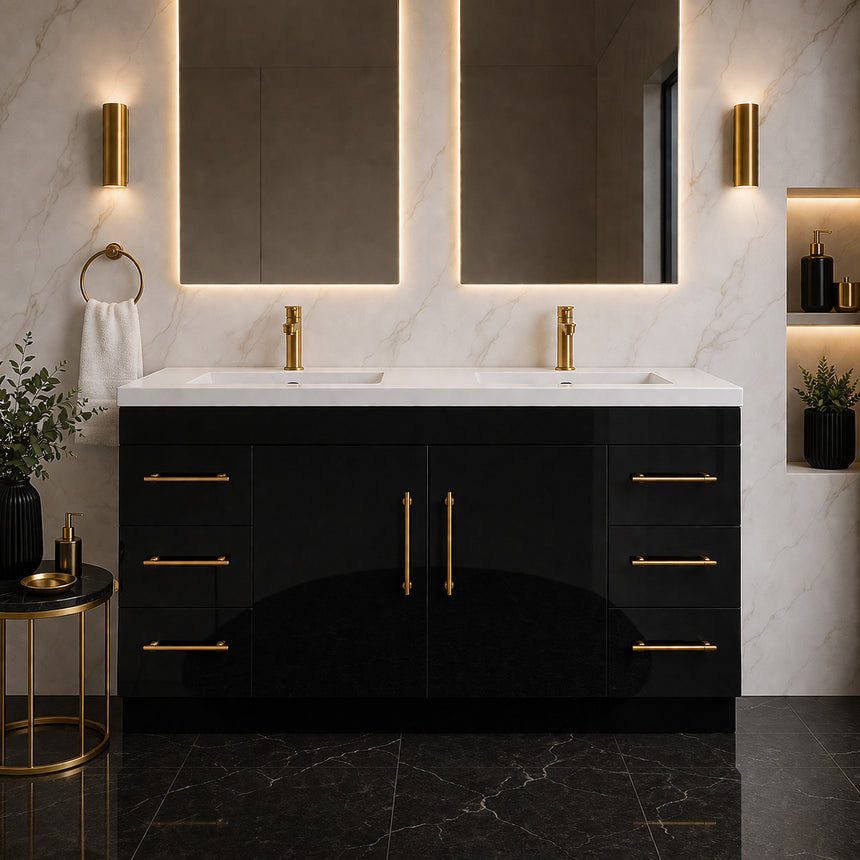 Bathroom with wooden vanity, sink, and decorative elements.