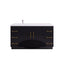 Black bathroom vanity with white countertop and gold handles on a white background