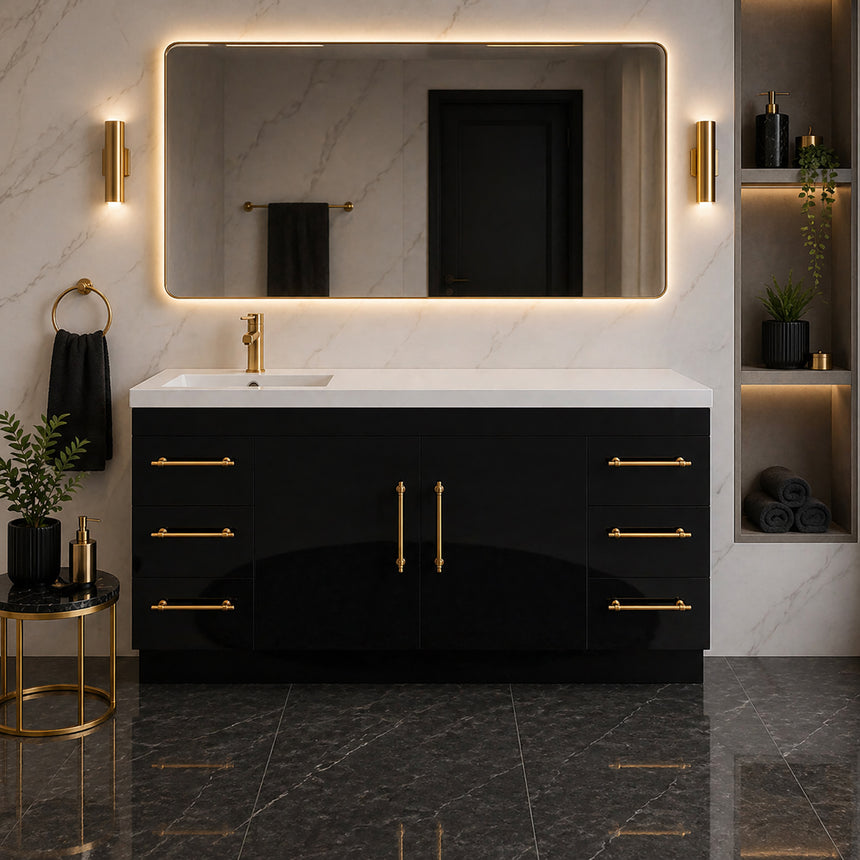 Bathroom with wooden vanity, sink, and decorative elements.