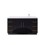 Black bathroom vanity with white countertop and gold handles on a white background