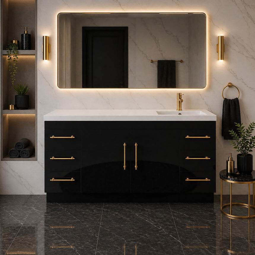 Bathroom with wooden vanity, sink, and decorative elements.