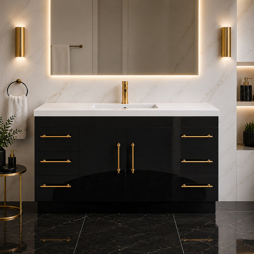 Bathroom with wooden vanity, sink, and decorative elements.