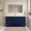 Bathroom vanity with blue cabinet, white countertop, and gold fixtures.