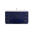 Blue bathroom vanity with white countertop and gold fixtures on a white background