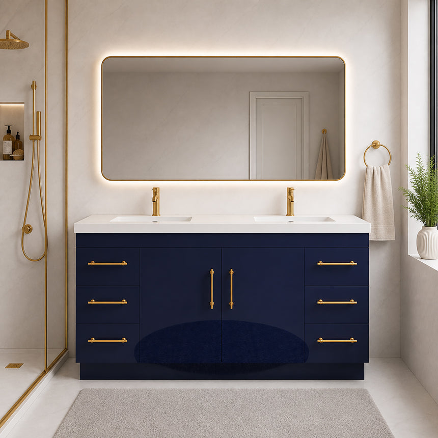 Bathroom with wooden vanity, sink, and decorative elements.