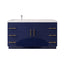 Navy blue bathroom vanity with white countertop and gold handles on a white background